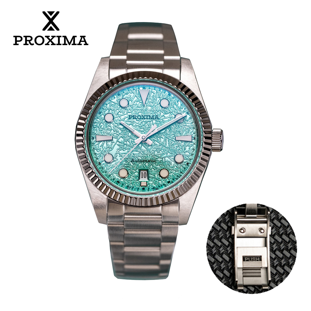 Proxima PX1700-2BN 남자 시계 39mm 패션 얼음 꽃 질감 다이얼 비즈니스 사파이어 자동 기계 조각 플루트 베젤 선물추천